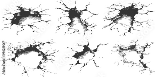 Set of hand drawn sketch wall cracks holes and fissures damage effects vector illustration.