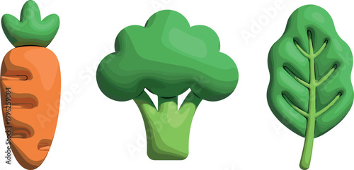 Healthy Green Vegetables Vector Set with Carrot, Broccoli, and Spinach Leaf Icons for Organic Food, Nutrition, and Fresh Farm Produce Illustration