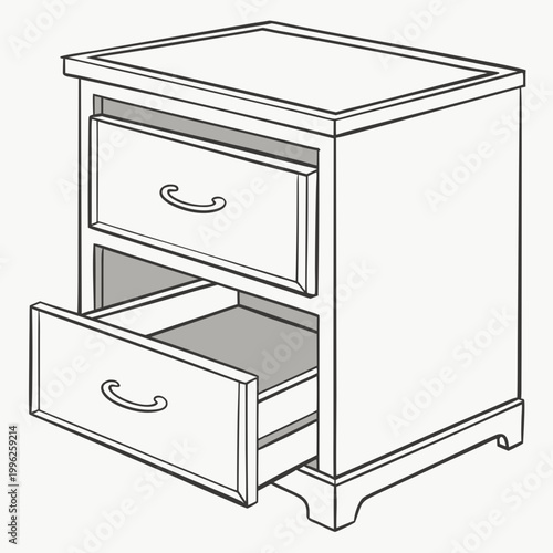 Simple line drawing of a black and white two-drawer filing cabinet with line art