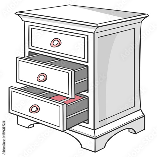Elegant white nightstand with open drawers and pink accents, interior design