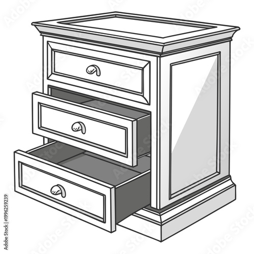 Classic white three-drawer chest with open drawers and curved handles, furniture