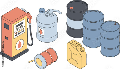 Oil drums and gas pump in industrial setting with metal texture in bright lighting for business and industrial use