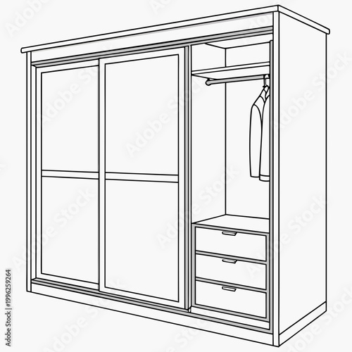 Modern sliding door wardrobe with clothing and drawers sliding doors line art