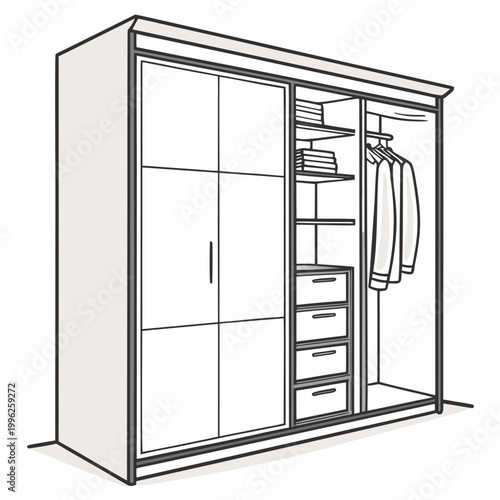 Spacious sliding door wardrobe with organized shelves and hanging clothes