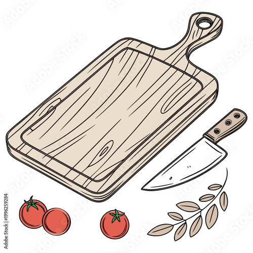 Bild auf Leinwand Wooden cutting board with fresh tomatoes herbs a knife, kitchen counter