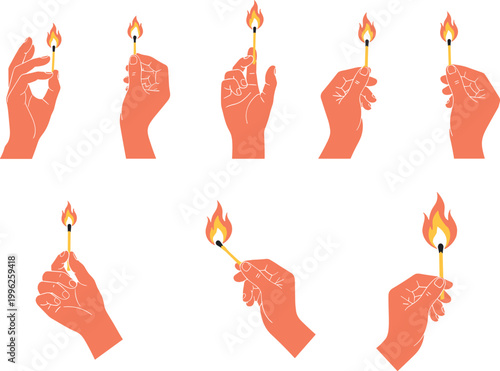 Set of hands holding burning matchsticks vector illustrations showing fire ignition danger heat and flame concept collection