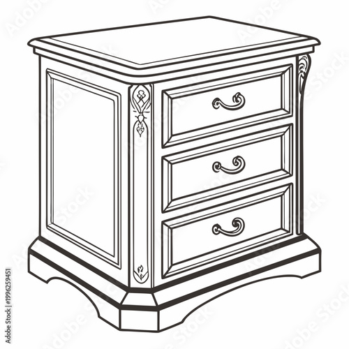 Line drawing of a classic three-drawer nightstand with bedside table, home decor