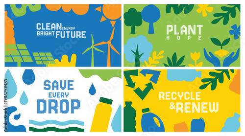 Eco Friendly Environment Posters Set Clean Energy Save Water Recycle Sustainability Green Nature Banner Design