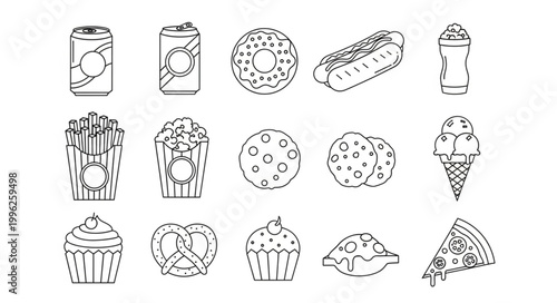 Collection of fast food and sweet treat icons in a simple line art style.