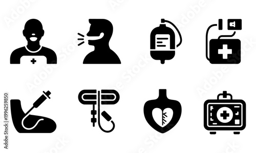 Medical icons set including doctor patient IV bag first aid kit stethoscope defibrillator and heart