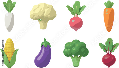 Fresh Vegetable Icons Vector Set with Carrot, Broccoli, Eggplant, Corn, Radish, Beetroot, Cauliflower, and Healthy Organic Food Illustration