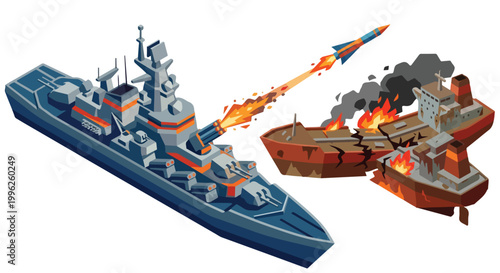 vector isometric of a warship shooting an enemy ship 06