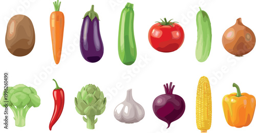 Fresh Vegetables Icon Set with Tomato, Eggplant, Carrot, Cucumber, Onion, Corn, Pepper, Garlic, Broccoli, Beetroot, and Organic Food Illustration