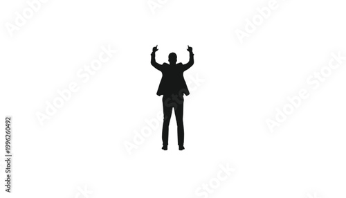 Businessman reaches upward with both arms to symbolize reaching a new goal or peak of performance.
