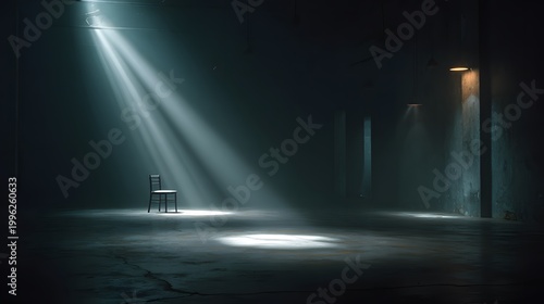 Spotlight on a chair in a dark industrial background with atmospheric lighting