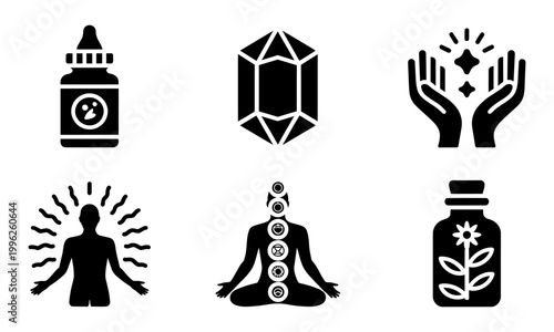 Black silhouette icons for wellness and spirituality concepts including meditation and natural remedies on white background