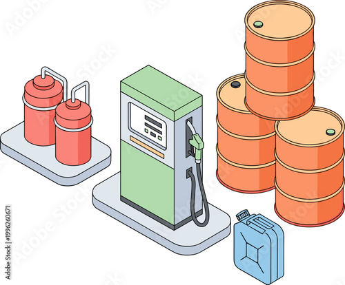 Gas pump with oil barrels and canisters in colorful isometric illustration for industrial equipment