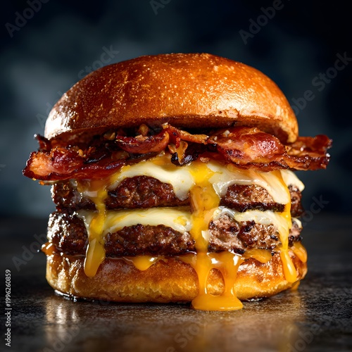 A delicious double cheeseburger with melted cheese and crispy bacon stacked between a toasted bun
