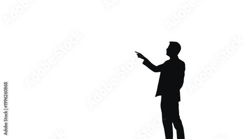 Businessman points his finger toward an empty area to highlight a specific point in the atmosphere.