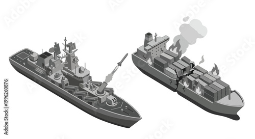 vector isometric of a warship shooting an enemy ship 005