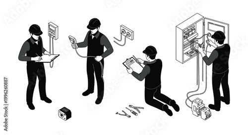 Electrical workers performing maintenance and inspections in isometric silhouette high quality