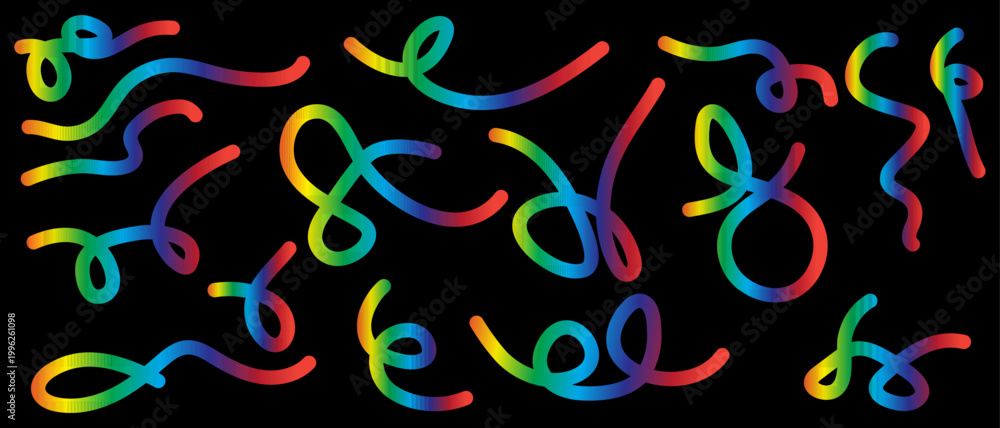 Fototapeta premium Set of Abstract Colorful Wavy Lines and Tangled Scribbles on Black Background