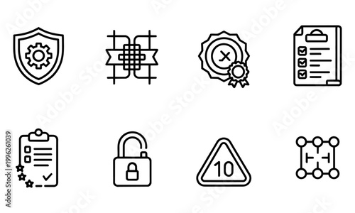 Collection of security and technology icons including shield gear lock certificate checklist and more
