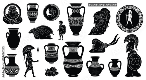 Ancient greek pottery warriors and mythological figures in black silhouette