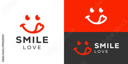 Creative simple smile love logo template. Abstract smile face with love logo design vector illustration.