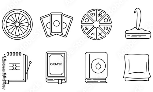 line art icons of various fortune telling and magic tools and symbols used for divination and mysticism
