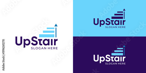 Creative simple upstair logo template. Staircase step with arrow up logo design vector illustration.