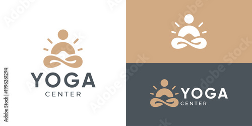 Creative simple yoga center logo template. Meditation symbol, mindfulness logo design vector illustration.