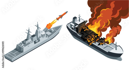 vector isometric of a warship shooting an enemy ship 04
