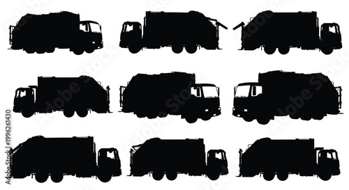 Collection of various garbage trucks rendered as a dark silhouette
