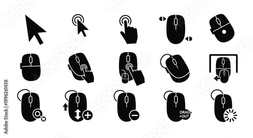 Various computer mouse icons and hand interactions black and white silhouette
