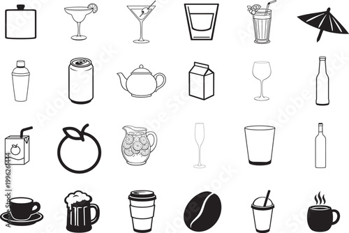 Drinks and beverages line icon set with coffee wine beer juice editable stroke vector design.