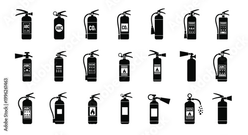 Collection of various fire extinguishers in a stark black silhouette