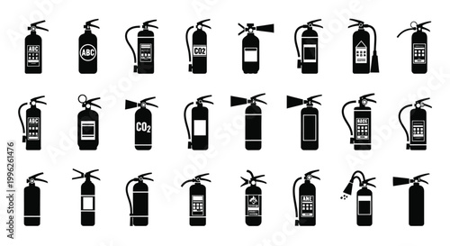 Various fire extinguishers displayed in a repeating pattern black silhouette