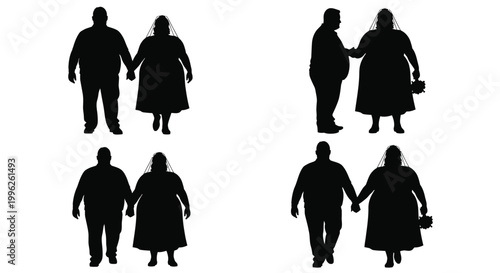 Four arrangements of a plus size couple bride and groom in silhouette