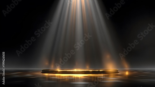 A golden circular platform on a dark reflective surface is illuminated by golden spotlights from above, creating a dramatic background
