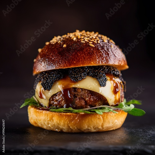 Gourmet hamburger with melted cheese, dark sauce, and fresh greens on a sesame bun