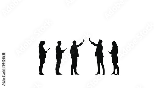 Businesspeople stand in a line while some individuals reach out their hands in a collaborative gesture.