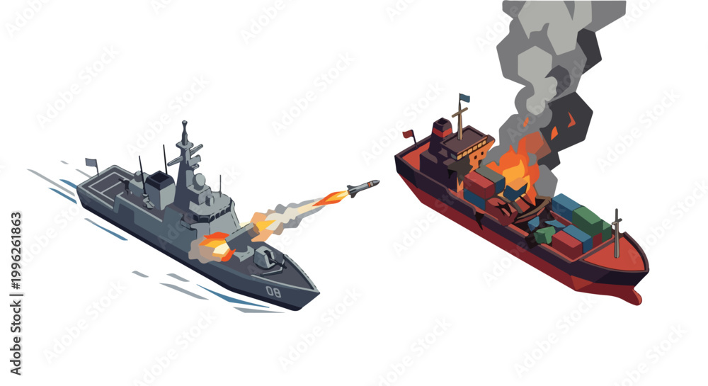 Obraz premium vector isometric of a warship shooting an enemy ship 03