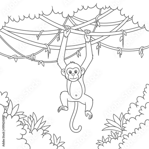 A funny baby shower card illustration featuring a cartoon bear and forest animals in a fairytale winter forest sketch, designed as a vector coloring book page outline for children