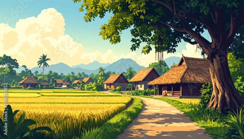 Golden paddies beside thatched homes under a sprawling banyan crown. Rustic harvest route through hamlet lined with shade and mountain views. Warm agrarian setting featuring huts, grain