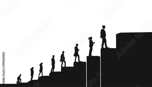 Employees climb a staircase of bar charts to demonstrate career advancement and rising performance.
