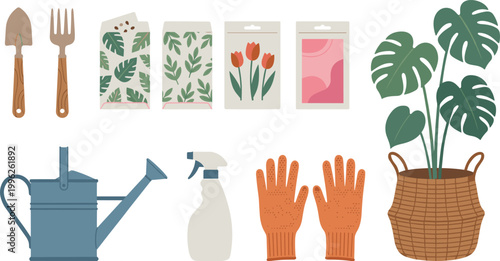 Modern Gardening Tools and Indoor Plant Care Vector Set with Monstera, Watering Can, Gloves, Seeds, and Botanical Elements