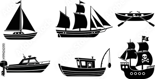 Collection of various sailboats and motorboats in black silhouette on white background
