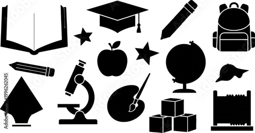 collection of black silhouette school icons on white background for education and learning concepts