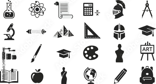 collection of black educational icons on white background for learning and teaching resources